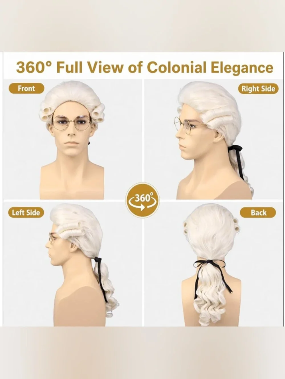 Men's Colonial Historic Hamilton White Wig with Black Ribbon And Glasses